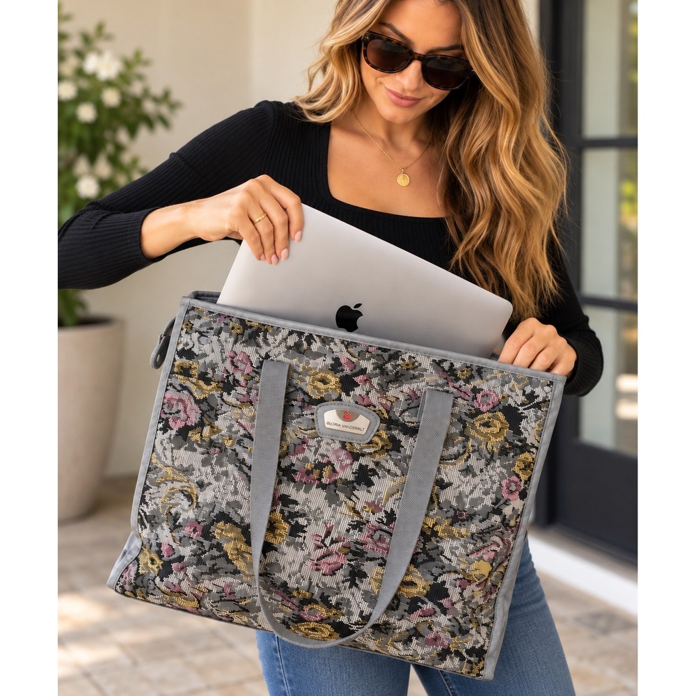 Gloria Vanderbilt Y2K Tapestry Laptop Tote Bag Floral Woven Work Shoulder Bag